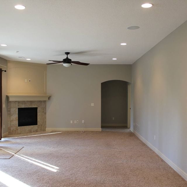 grey room with a fireplace