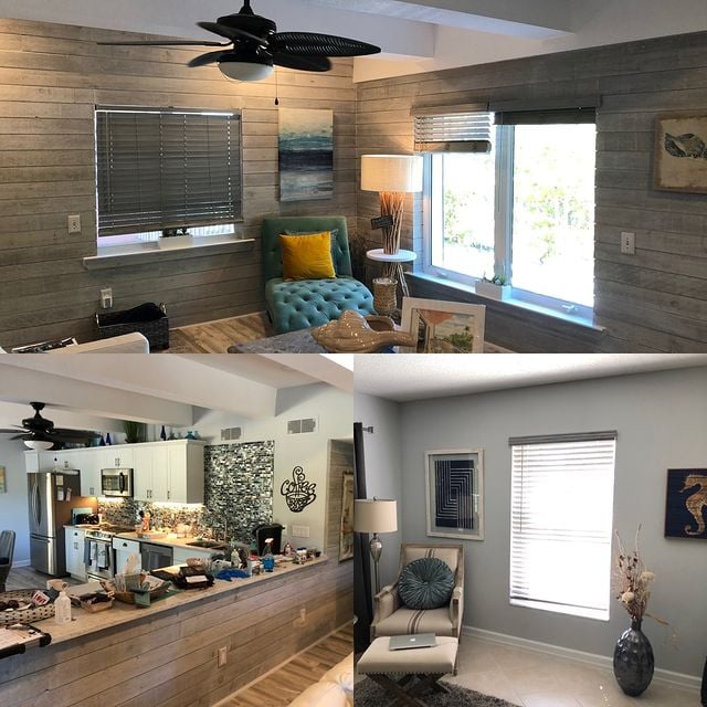 grey room with shiplap walls