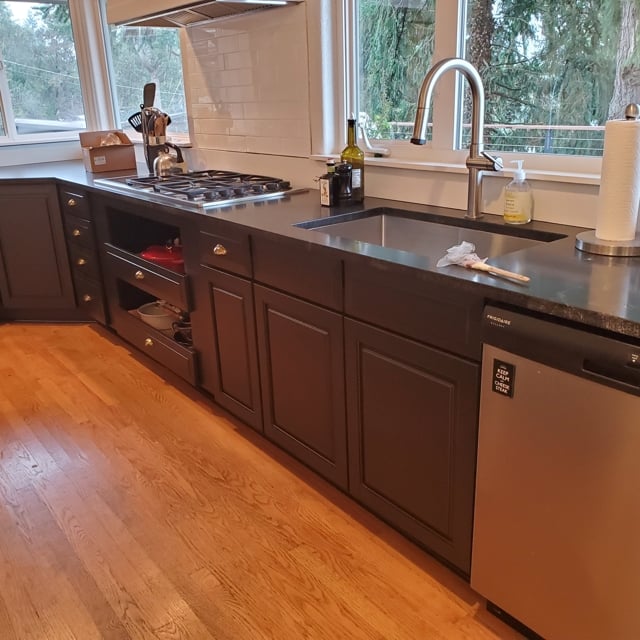 kitchen with black cabinets and hardwood floor