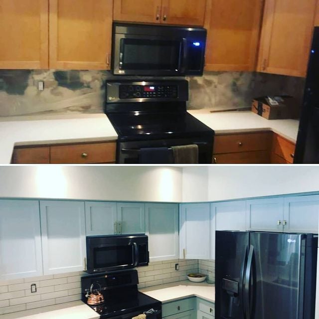 kitchen with brown and blue cabinets