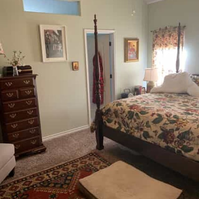 light green bedroom with bed and furniture 