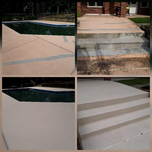 pic collage of painted pool deck