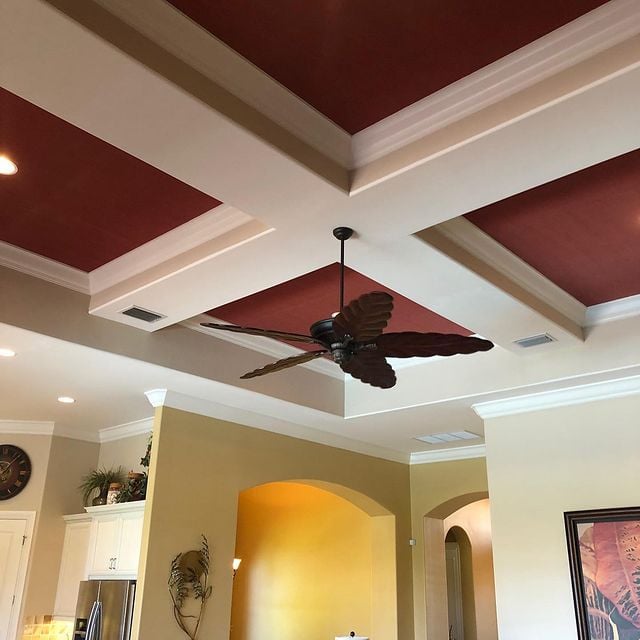 red ceiling with fan