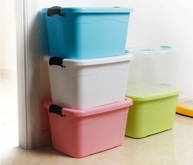 Multi-colored storage containers.