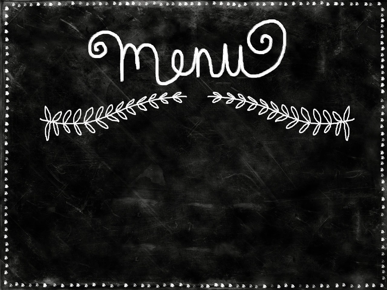 Chalkboard with "menu" written on it above a drawing of two branches.