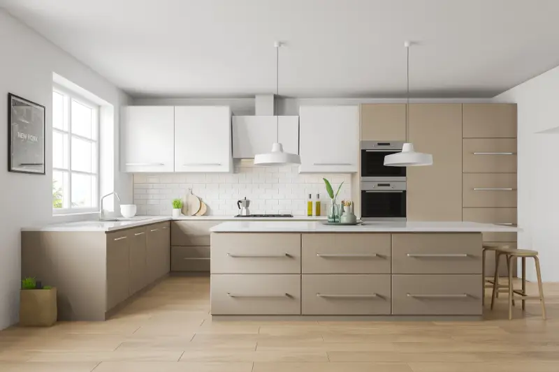 Entire minimalist kitchen with beige cabinets paired with white.