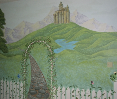 Mural Mural of a stone path behind a white picket fence covered with ivy leading uphill to a castle