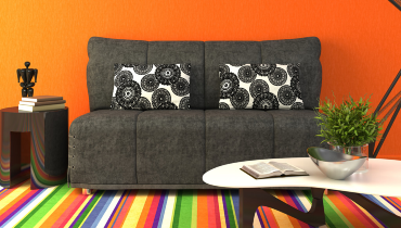 Photo of a brightly colored dorm living room