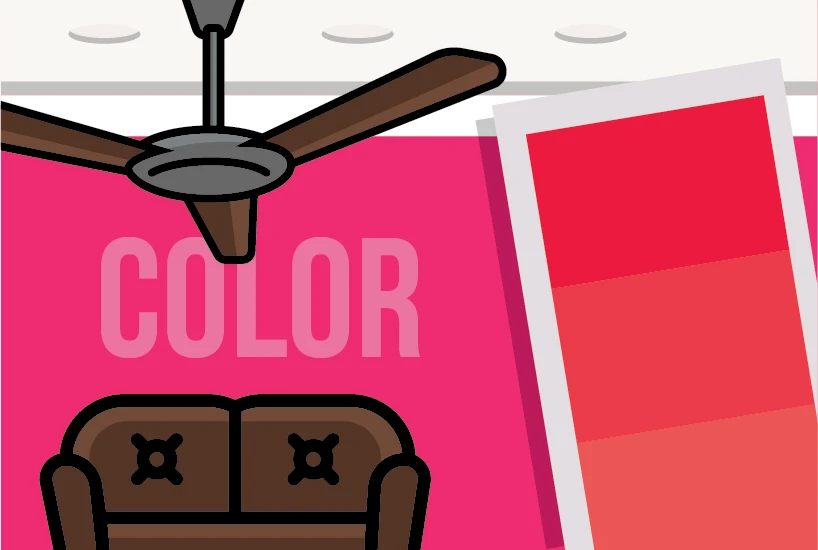 paint colors do not match Color: Animation of a pink living room with a fan next to a pink color swatch.