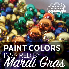 Blog title "Paint Colors Inspired By Mardi Gras" and Five Star Painting icon superimposed over photo of Mardi Gras beads.