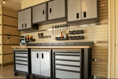 Silver and black garage work bench and cabinets Silver and black garage work bench and cabinets
