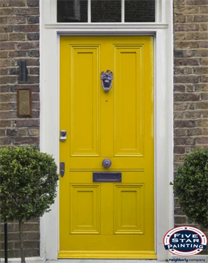 how to paint a front door how to paint a front door without removing it Yellow front door with Five Star Painting logo superimposed over the photo